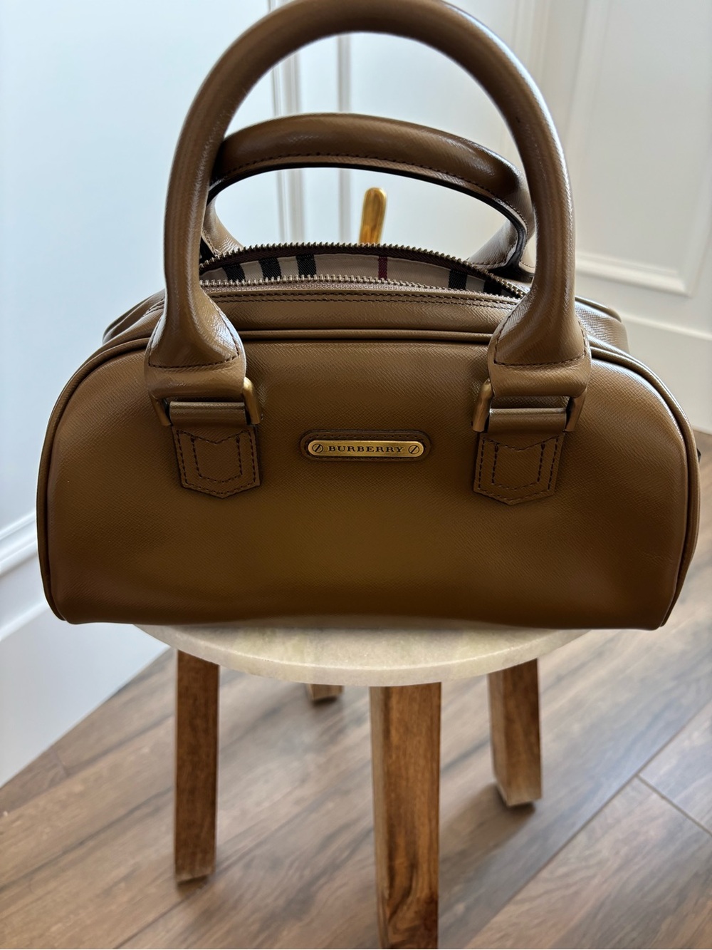Burberry Camel Saffiano Leather Satchel with Signature Trim - Picture 2 of 4